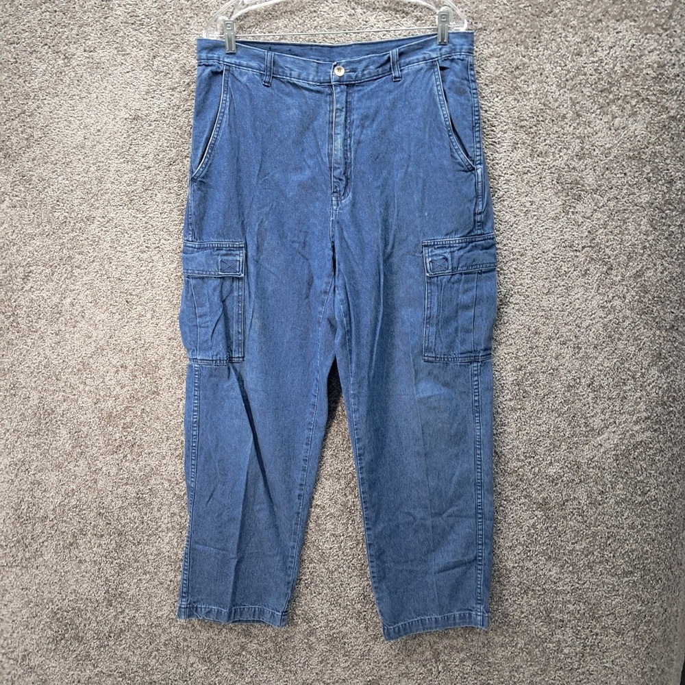 Haggar Mens Blue Denim Cargo Pants 100% Cotton Straight Leg Utility Jeans 34x29